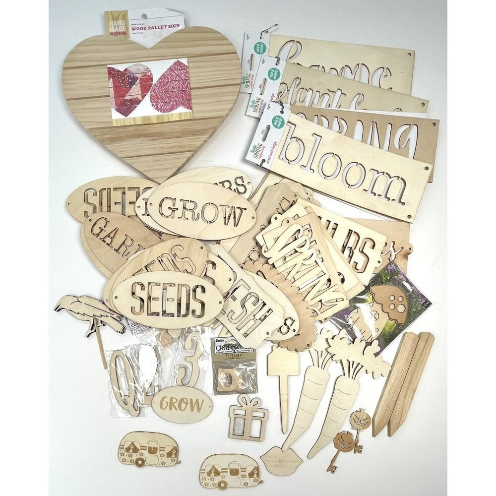 Lot 56 Unfinished Wood Craft Pieces 1"-12" Gardening Christmas Hearts Number NEW